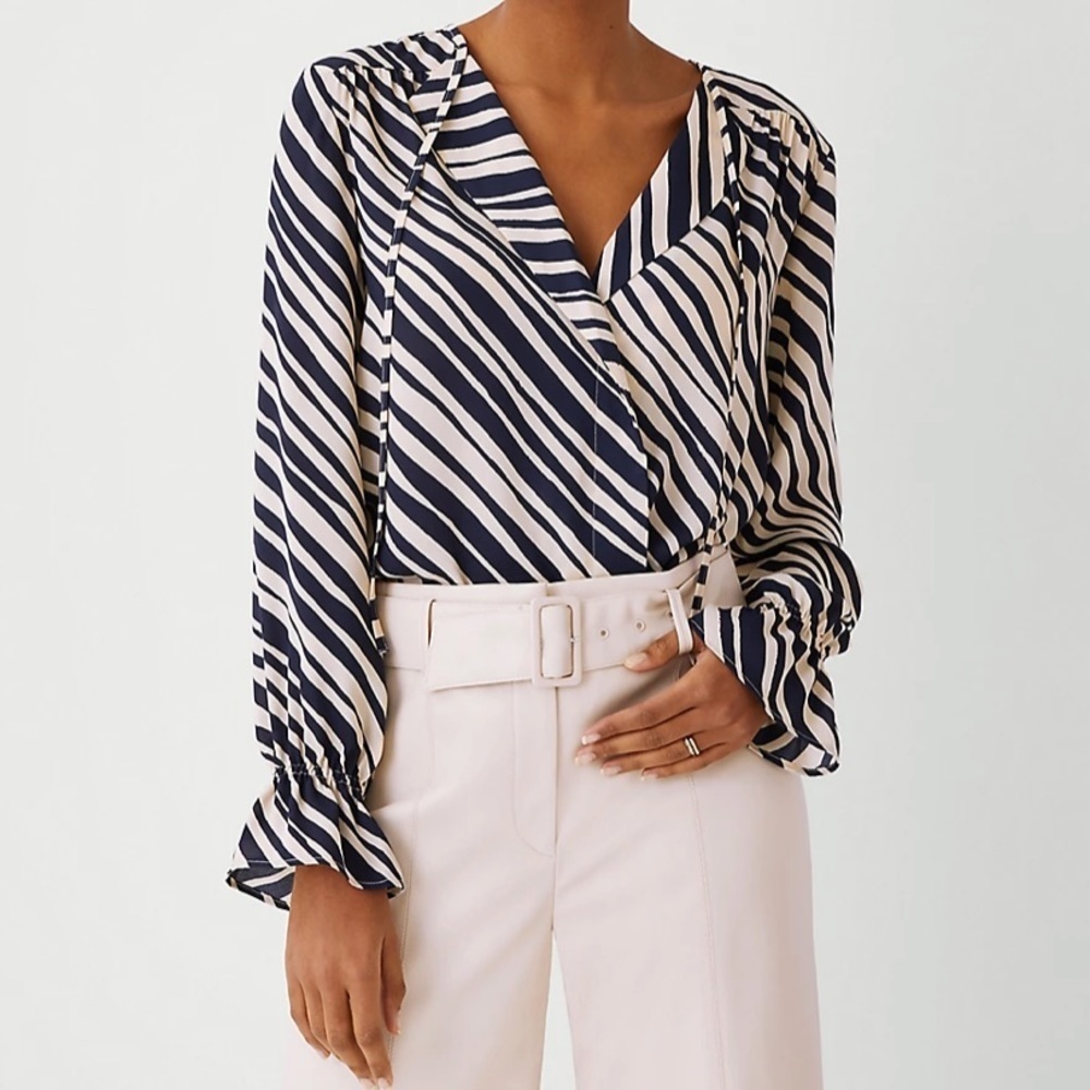 Ann Taylor Zebra Stripe Lapel Tie Neck Blouse